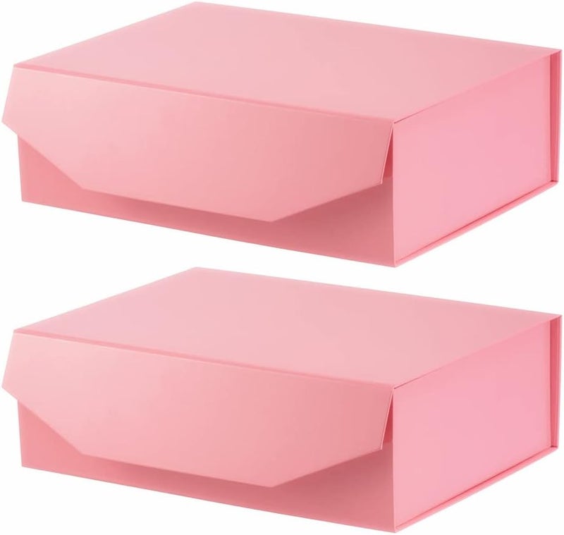 PACKGILO 2 Pink Large Gift Boxes with Lid 13x9x4 Inches, Bridesmaid Proposal Boxes, Hard Collapsible Gift Box with Magnetic Closure, Groomsman Box Reusable Gift Box for Cloth (Glossy Pink) - Image 1